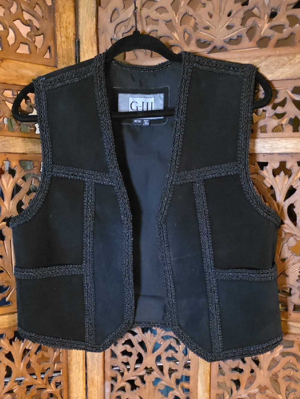 G-III Black Suede Braided Trim Vest